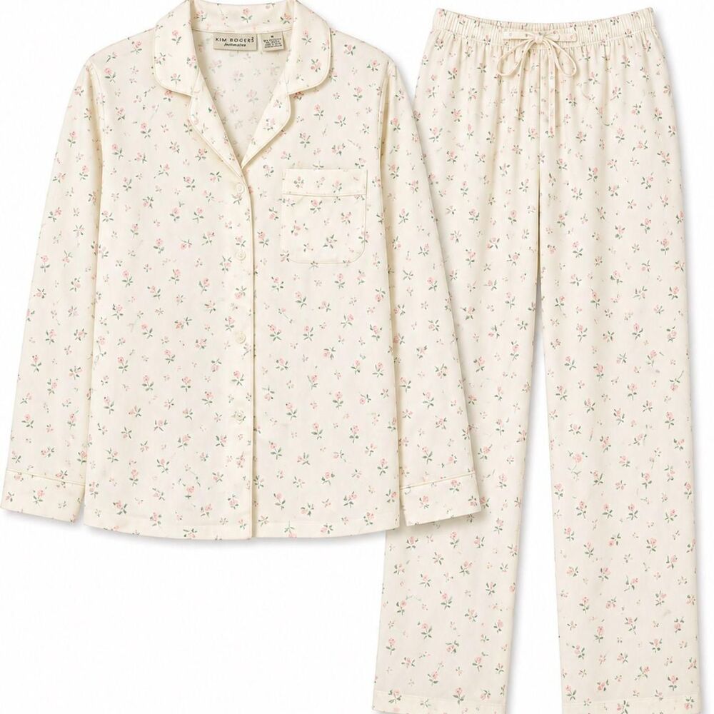 Kim Rogers Intimates Floral Satin Pajama Set M Cream Pink Rose Button Up Vintage - Picture 2 of 6